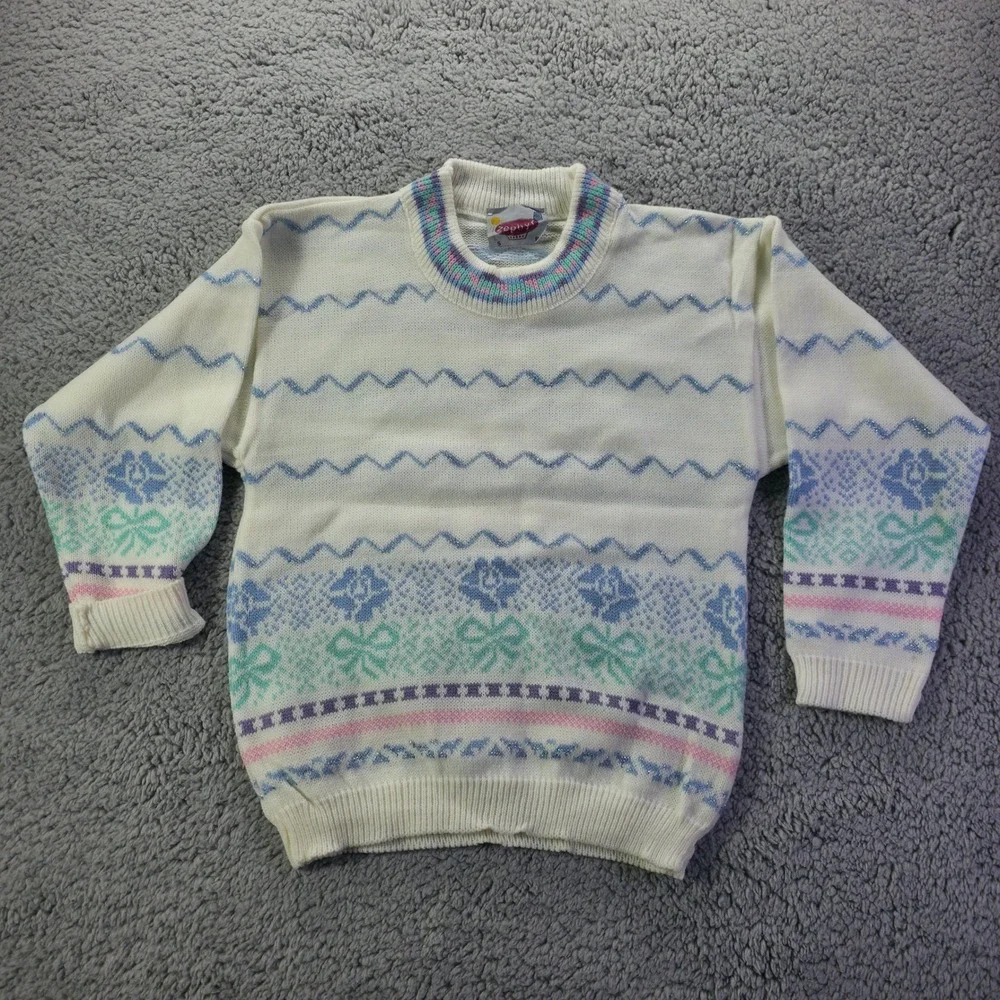 Vintage Zephyr Kids White Pastel Fair Isle Metallic Knit Sweater Canada S